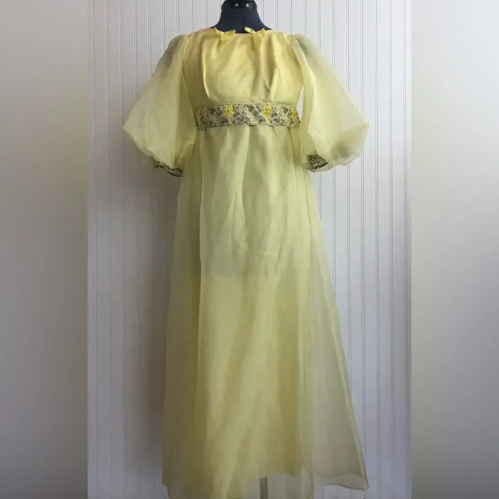 Vintage Girls Party Dress Buttercup Yellow Princess Gown Chiffon Bows Embroidery